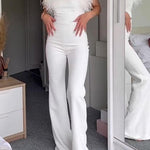 Elegant White Off-Shoulder Jumpsuit With Feather Accents