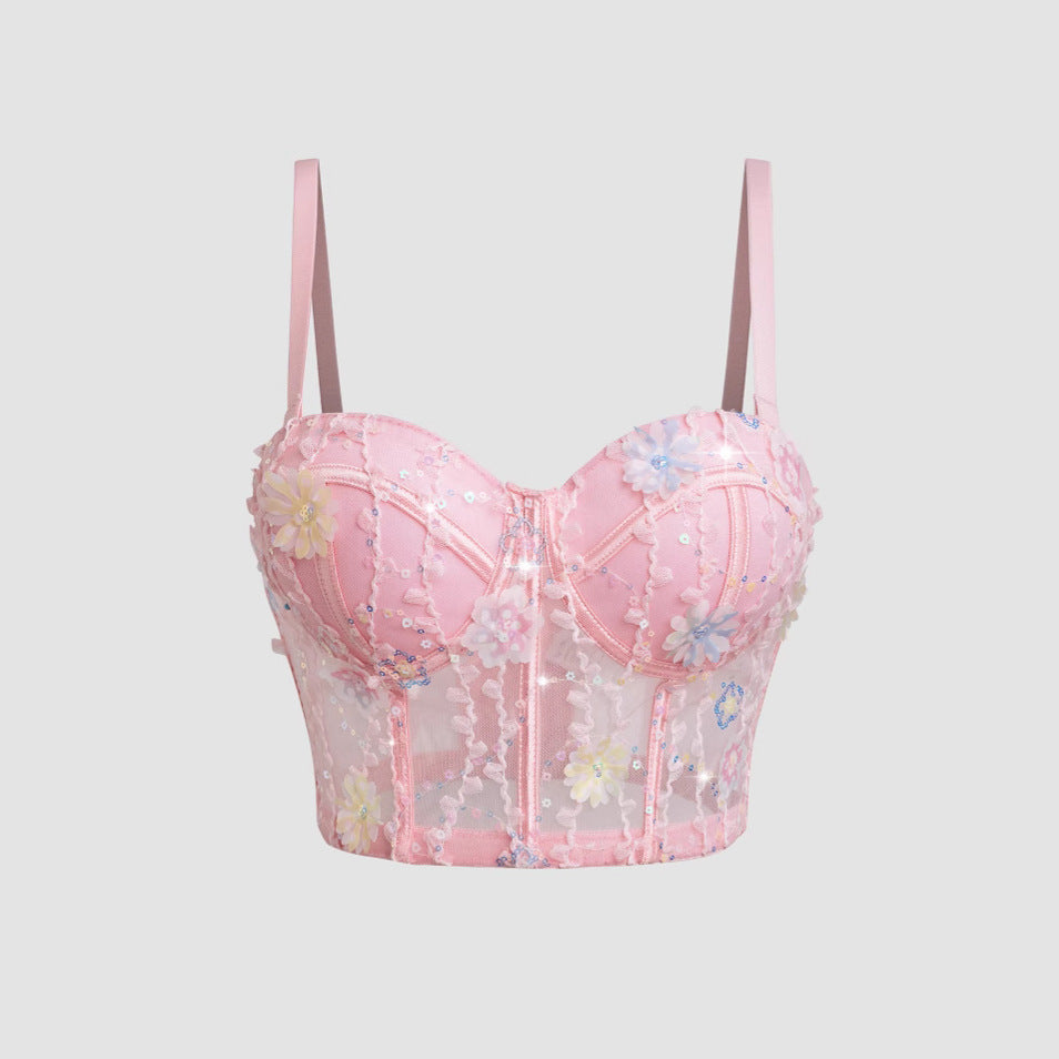 Bra Set Ultra-thin Mesh Fishbone Steel Ring Gathered Embroidered Underwear