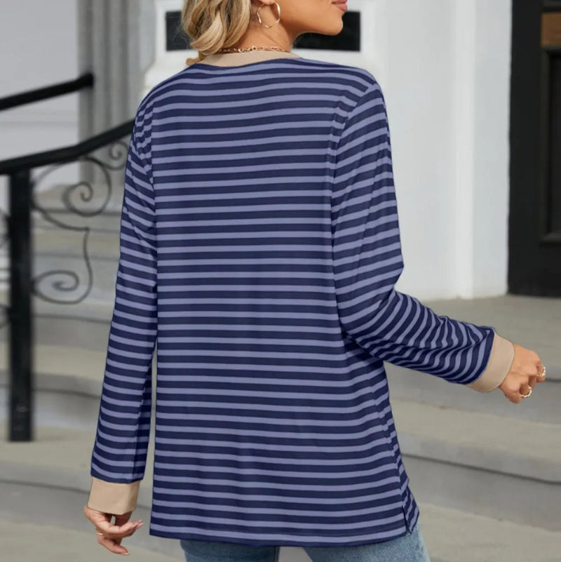 Pocketed Striped Round Neck Long Sleeve T-Shirt - runwayfashionista.com