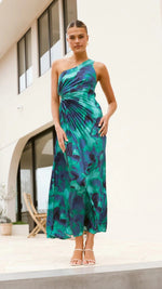 A model wearing a green, off-the-shoulder, sleeveless, pleated, one-shoulder maxi dress, suitable for business or elegant occasions.