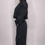 Denim Bandeau Zipper Jumpsuit & Jacket Set - black
