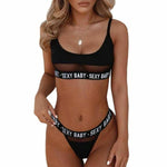 openwork letters split bikini - black