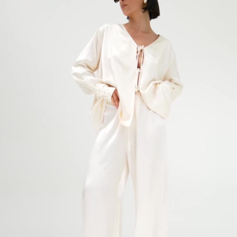 Cream Satin Tie-Front Top And Wide-Leg Pants Set