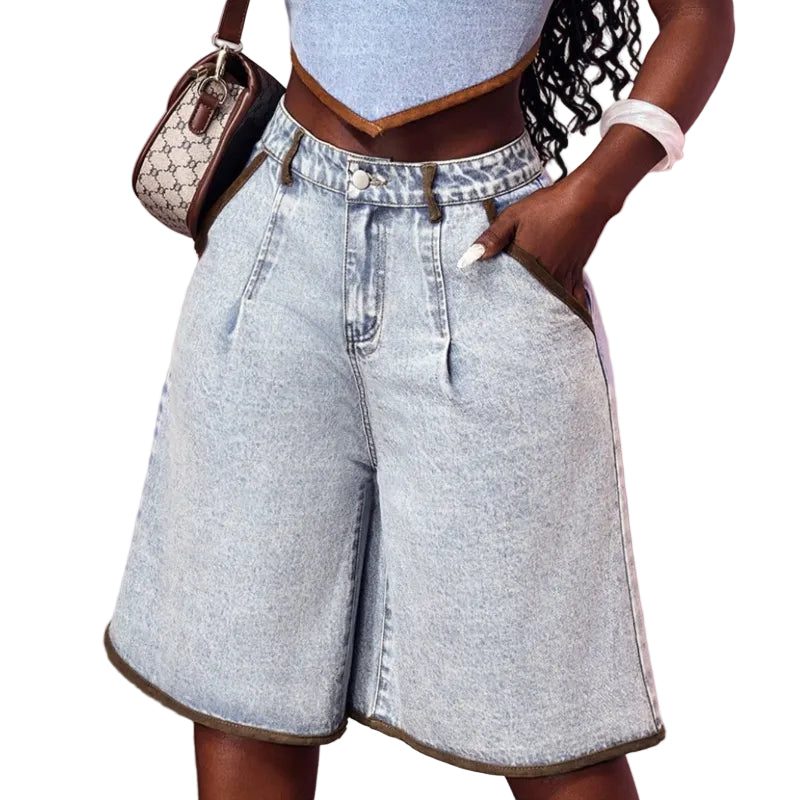 Wide Leg Denim Bermuda Shorts