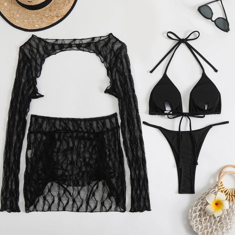 Solid Color Special Mesh Three - Piece Beachwear Set