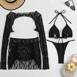 Solid Color Special Mesh Three - Piece Beachwear Set