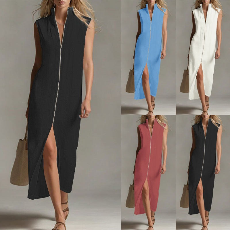 Sleeveless Stand Collar Zip Front Maxi Dress