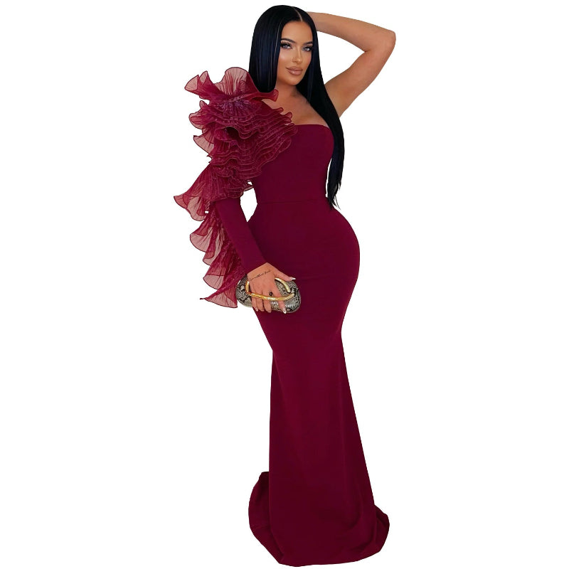 Elegant Single Ruffle Sleeve Fitted Maxi Dress - Burgundy