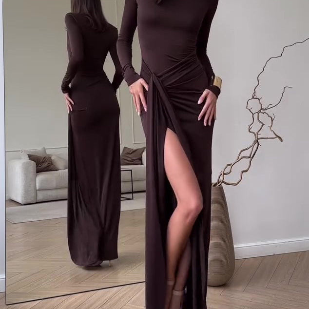 Long Sleeve Slit Maxi Dress - brown