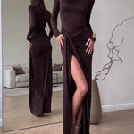 Long Sleeve Slit Maxi Dress - brown
