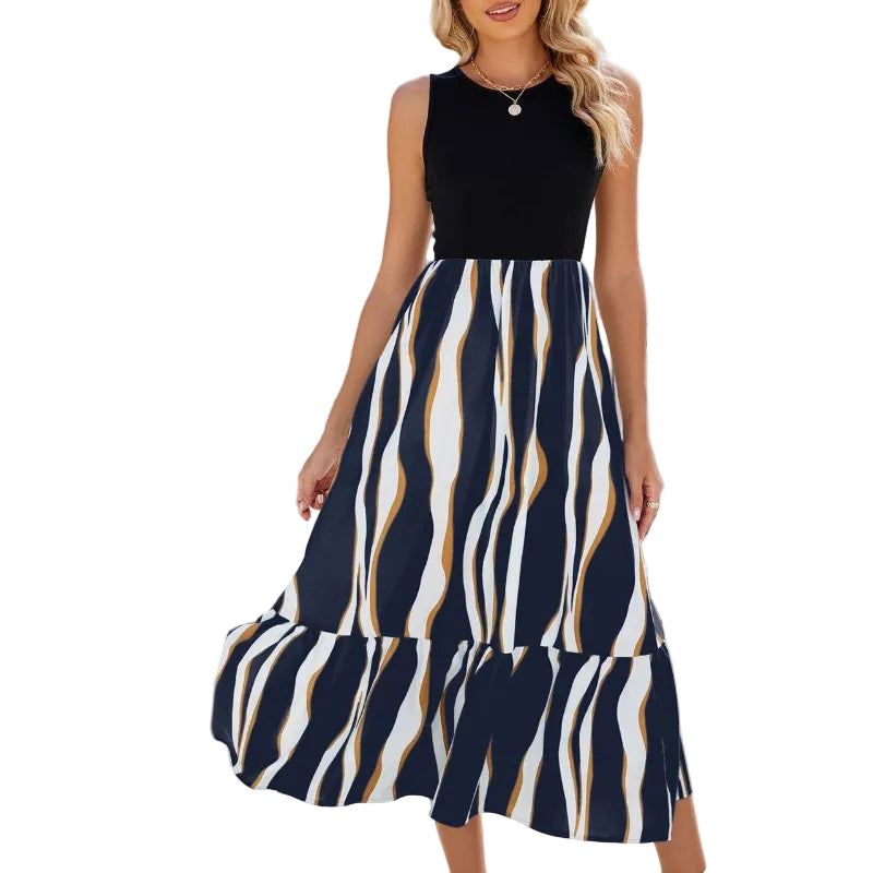 Sleeveless Wavy Stripe Tiered Midi Dress - black