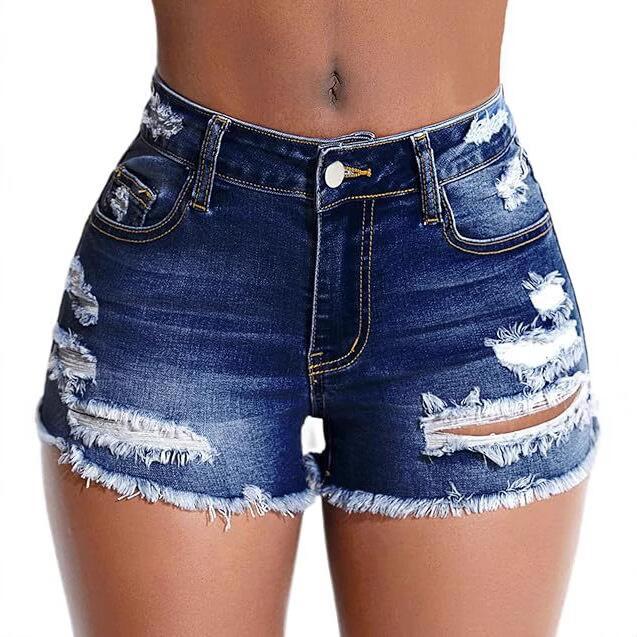 A pair of deep blue, high-waisted, hole-trimmed skinny denim shorts for women.