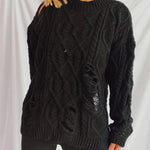 Distressed Cable-Knit Round Neck Long Sleeve Sweater -runwayfashionista.com