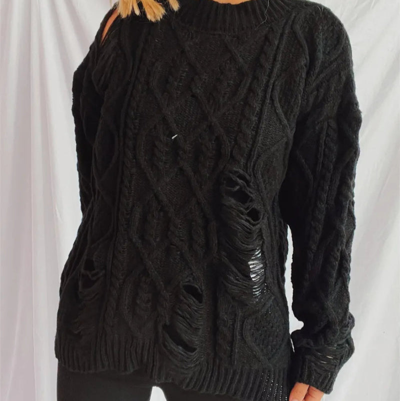 Distressed Cable-Knit Round Neck Long Sleeve Sweater -runwayfashionista.com