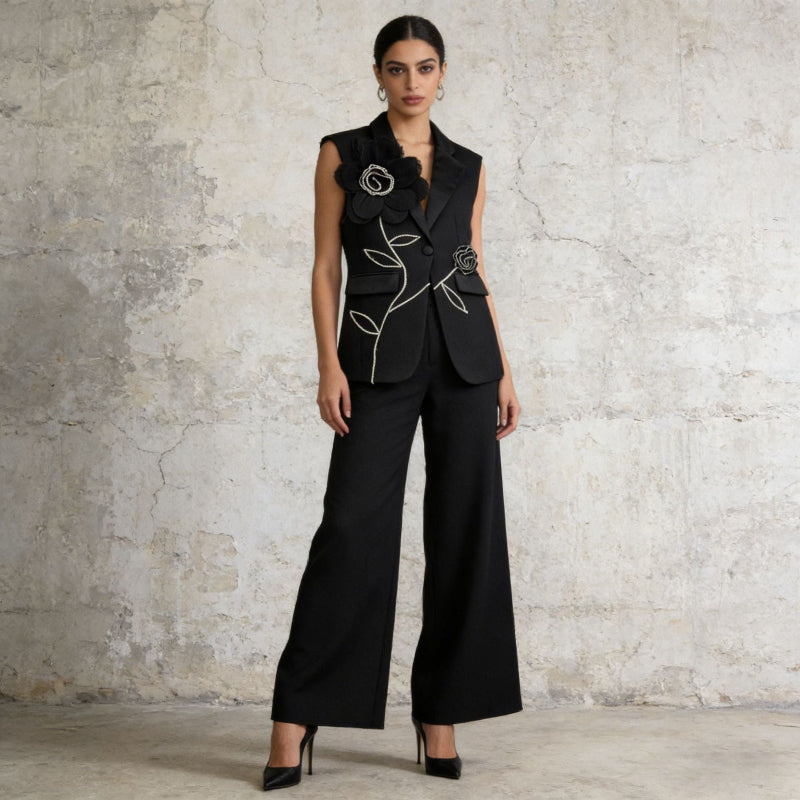 Sleeveless Blazer Vest & Wide Leg Trousers 2 Piece Floral Embroidery Suit Co-ord - black
