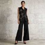 Sleeveless Blazer Vest & Wide Leg Trousers 2 Piece Floral Embroidery Suit Co-ord - black