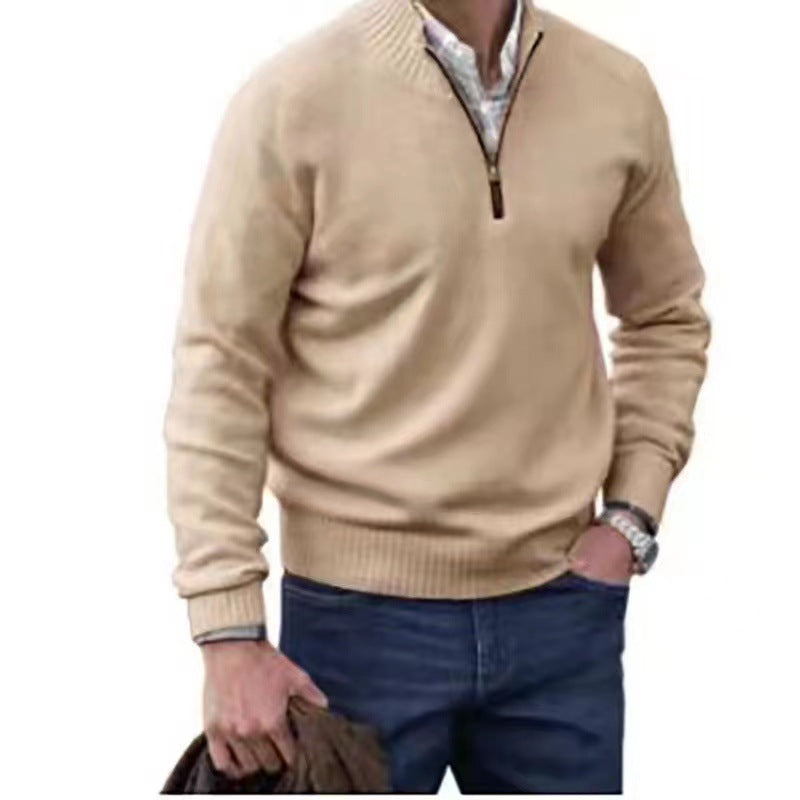 Zipper Stand Collar Knitted Sweater - beige