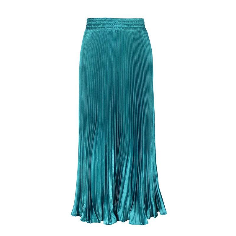 Glossy pleated long skirt