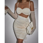 Mesh long sleeved camisole dress with pleated hollow out design