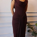Brown Swoosh Collar Sleeveless Maxi Dress