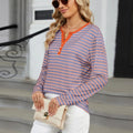 Striped Notched Long Sleeve T-Shirt - runwayfashionista.com