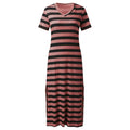 A collection of V-neck casual loose midi dresses with striped patterns and side slits, available in various colors.