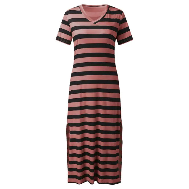 A collection of V-neck casual loose midi dresses with striped patterns and side slits, available in various colors.