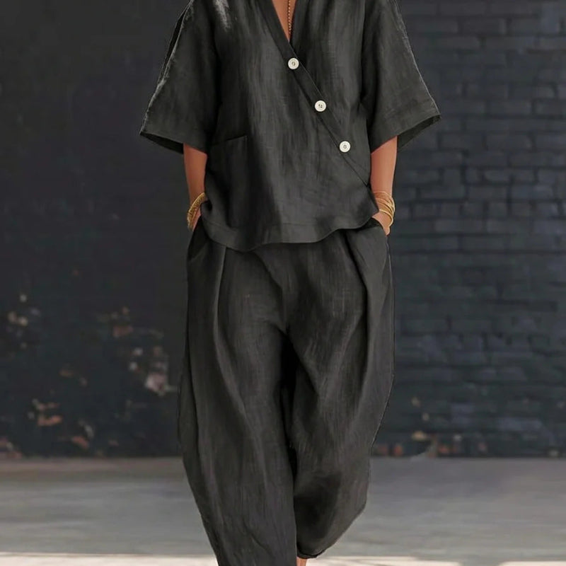Loose-fit V-neck Top And High-waist Trousers - black