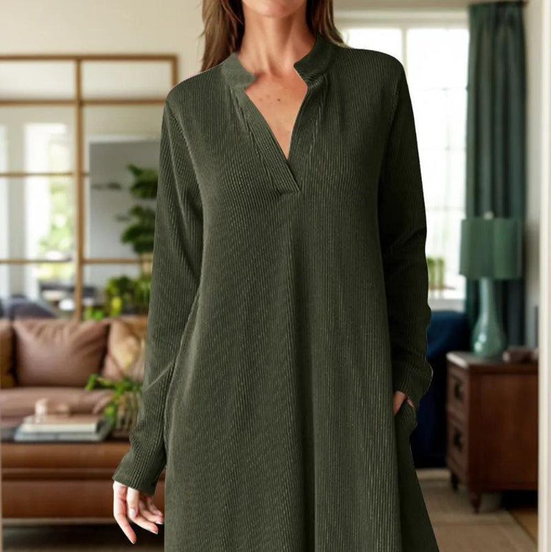 Notched long sleeve mini dress - runwayfashionista.com