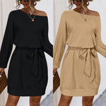 One-Shoulder Draped-Neck Blouson-Sleeve Self-Tie Belt Ribbed-Hem Mini Dress — Black & Khaki