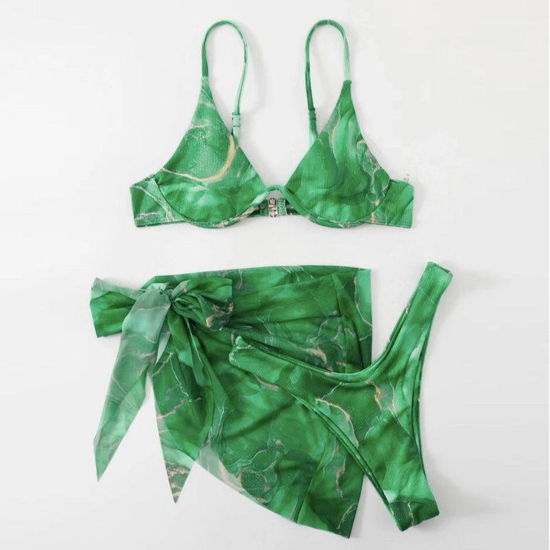 Marble patterned three piece bikini set