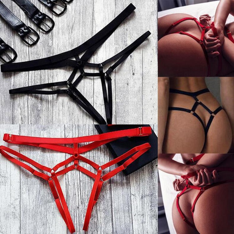 Red or black plus size lace-up thong made of woven polyester, offering no trace, hip lift, and breathability, available in sizes S-3XL.