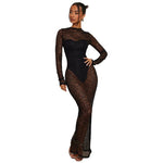 Lace Perspective Splicing Round Neck Tight Midi Dress
