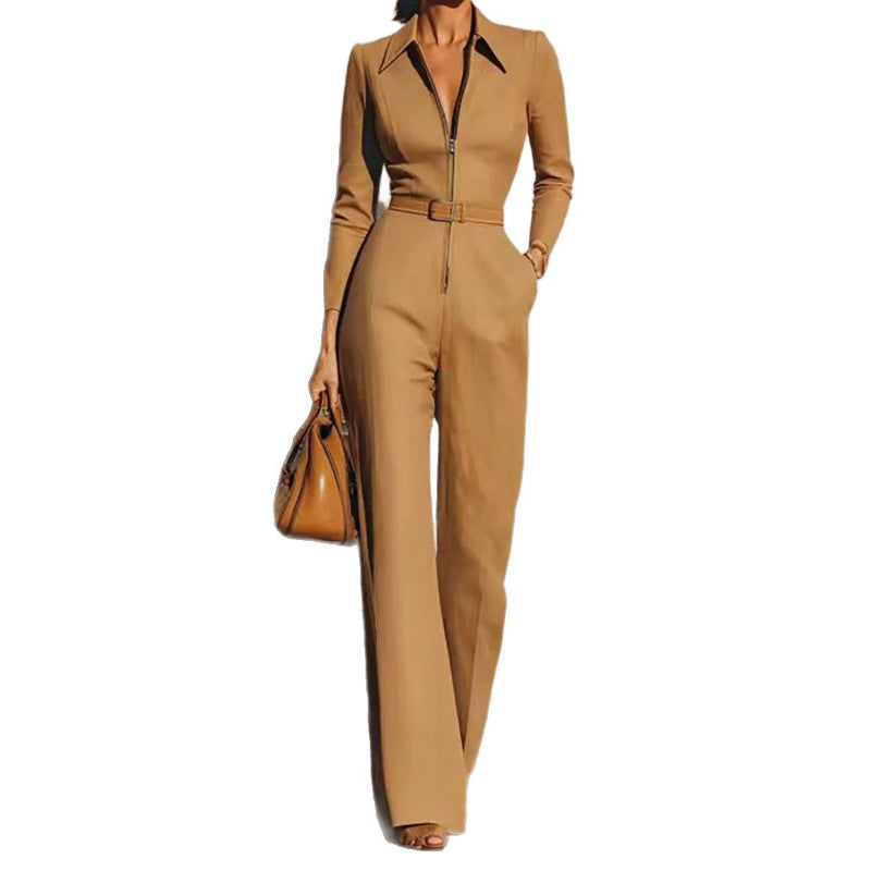 Pointed-Collar Zip-Front Belted Straight Wide-Leg Long-Sleeve Jumpsuit - camel