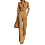 Pointed-Collar Zip-Front Belted Straight Wide-Leg Long-Sleeve Jumpsuit - camel