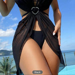 Rhinestone Heart Hardware Halter Bikini Set with Mesh Skirt — 3 Piece - black