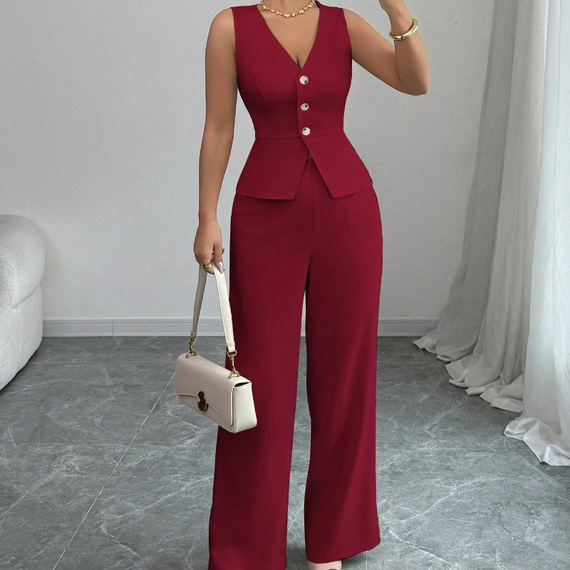 Sleeveless Slim V-neck Vest And High Waist Trousers Two-piece Set - red