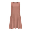 A sleeveless, mid-length A-line tank dress with a round neck.
