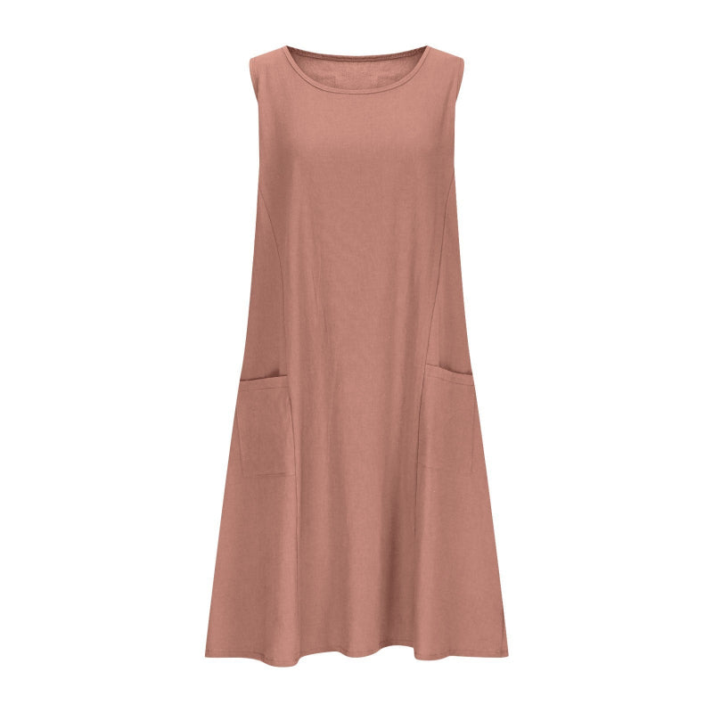 A sleeveless, mid-length A-line tank dress with a round neck.