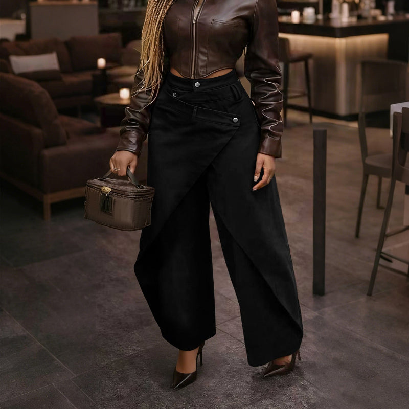 Retro High-waisted Cross-over Metal Buckle Irregular Wide-leg Pants - black