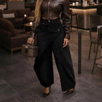 Retro High-waisted Cross-over Metal Buckle Irregular Wide-leg Pants - black
