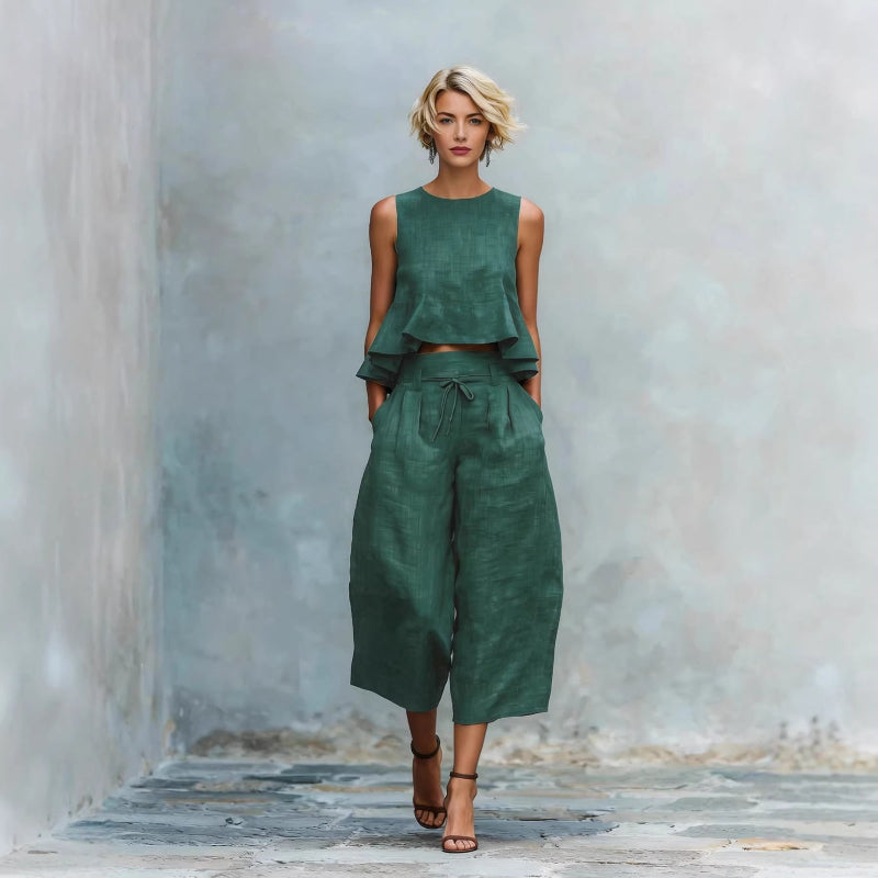 Round Neck Sleeveless Top And Loose Wide-leg Pants - green