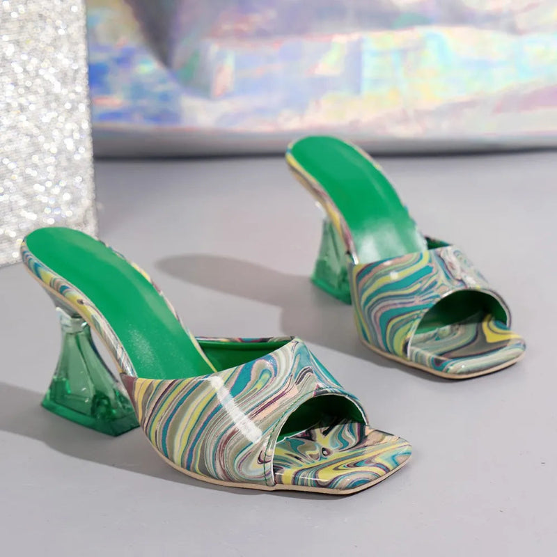 PU material casual mid heel sandals.