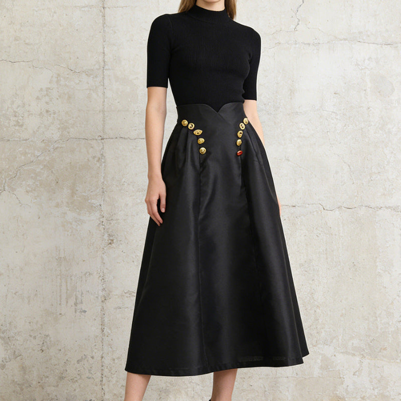 Irregularly Shaped Button-decorated Pleated Midi Skirt