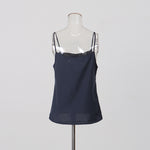 Navy Blue Glossy Organza Self-Tie Bow Neck Balloon-Sleeve Cinched-Waist Asymmetric Blouse