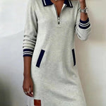 Lapel Zipper Pockets Long Sleeve Dresses - white