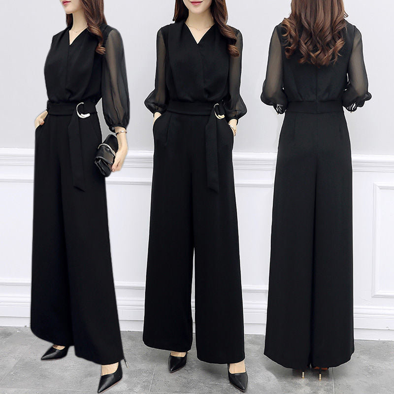 Black V-Neck Sheer-Sleeve Elasticated-Waist Wide-Leg Jumpsuit