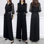 Black V-Neck Sheer-Sleeve Elasticated-Waist Wide-Leg Jumpsuit