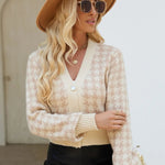 Houndstooth Button Up Long Sleeve Cardigan - runwayfashionista.com