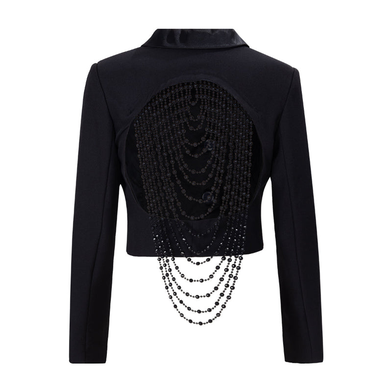 Black Backless Beaded Cropped Blazer & High Waist Pants Set